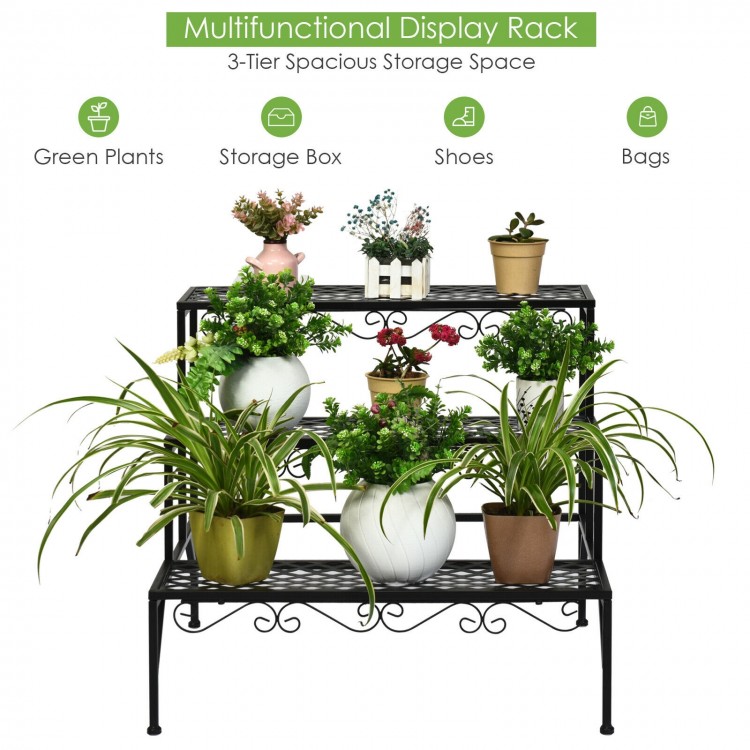 Three-tier metal decorative plant stand with elegant design, ideal for indoor and outdoor plant display and storage.