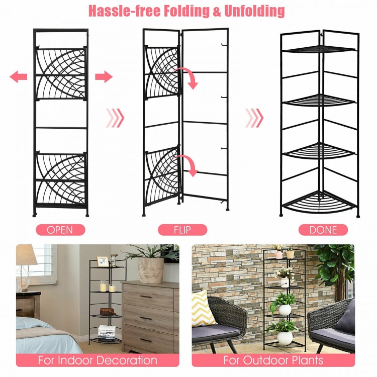 4-tier folding metal shelf plant stand with fan-shaped shelves, ideal for indoor decoration or outdoor plants.