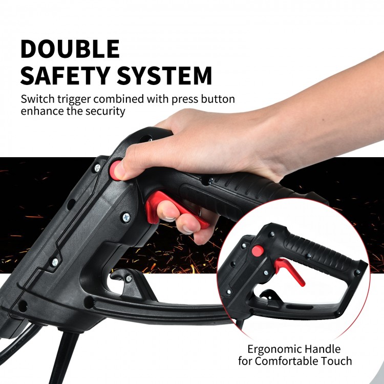Close-up of the ergonomic handle of the 14-inch electric tiller with a double safety switch for secure operation.