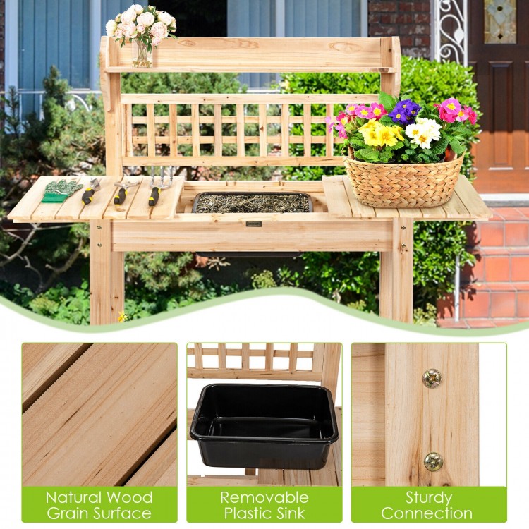 Garden potting bench workstation with sliding tabletop sink, solid fir wood, and removable plastic sink for easy.