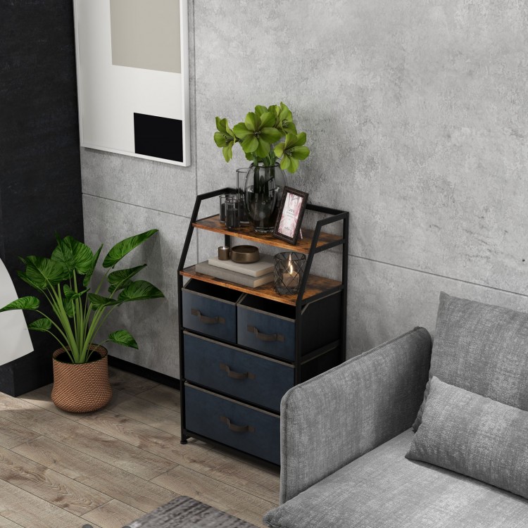 4-drawer free-standing storage dresser with rustic brown shelves, metal frame, and decorative plants, ideal for living.