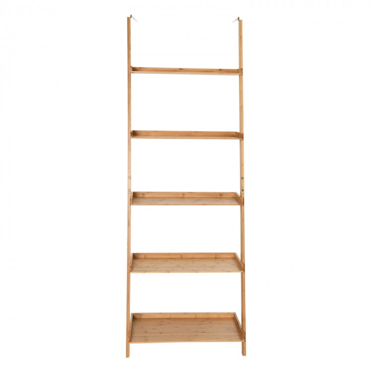 5-tier bamboo ladder shelf showcasing a natural finish, designed for wall-leaning stability and versatile storage.
