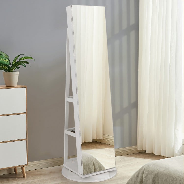 360° rotating jewelry cabinet armoire in white with LED lighting, large storage, and lockable door for secure.