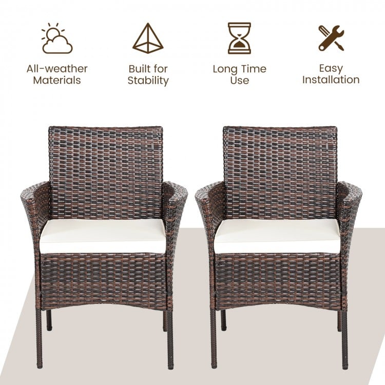 Set of 2 outdoor PE rattan armchairs with removable waterproof cushions, featuring a sturdy steel frame and ergonomic.