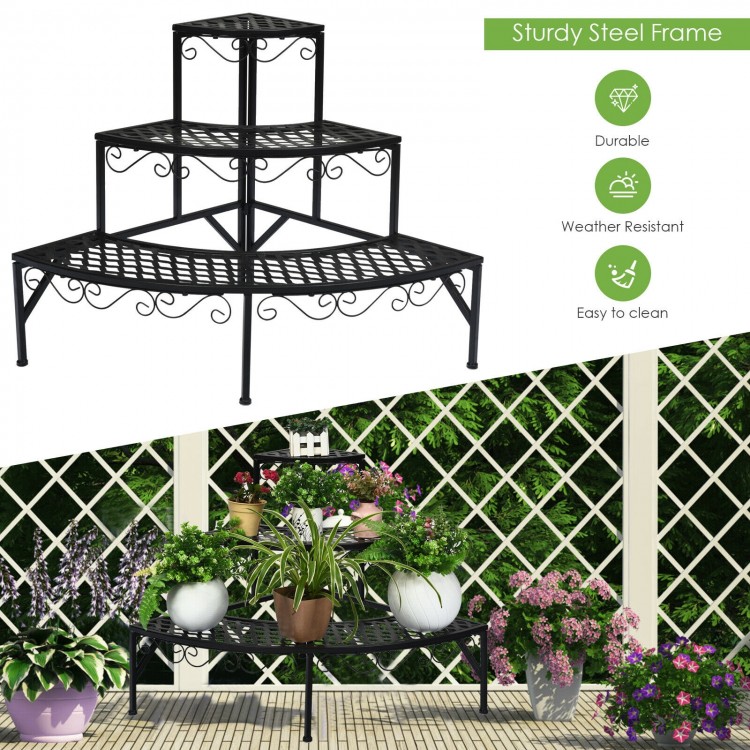 Three-tier metal corner plant display rack with sturdy frame, decorative lace, and spacious partitions for flower pots.