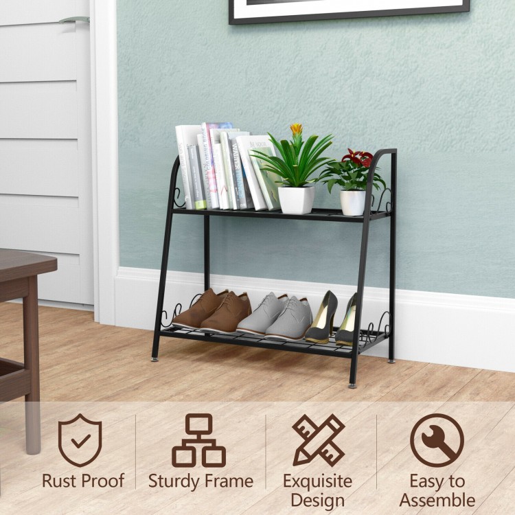 2-tier metal plant stand with a rust-resistant frame, ideal for storing plants and shoes in living rooms or gardens.