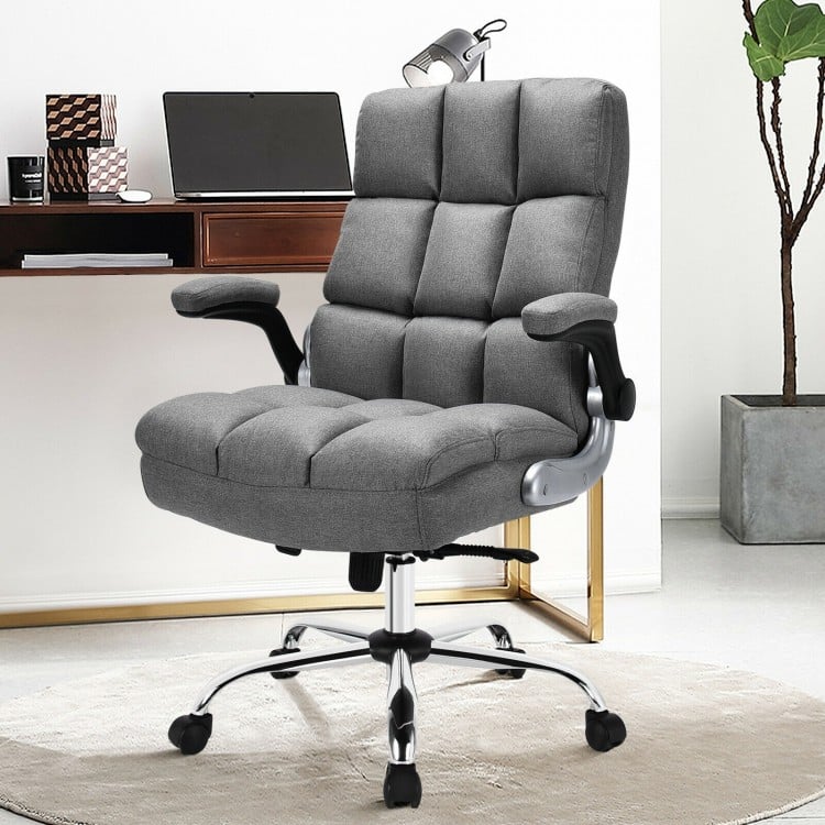 Gray adjustable swivel office chair with high back and flip-up armrests, designed for comfort and stability in home or.
