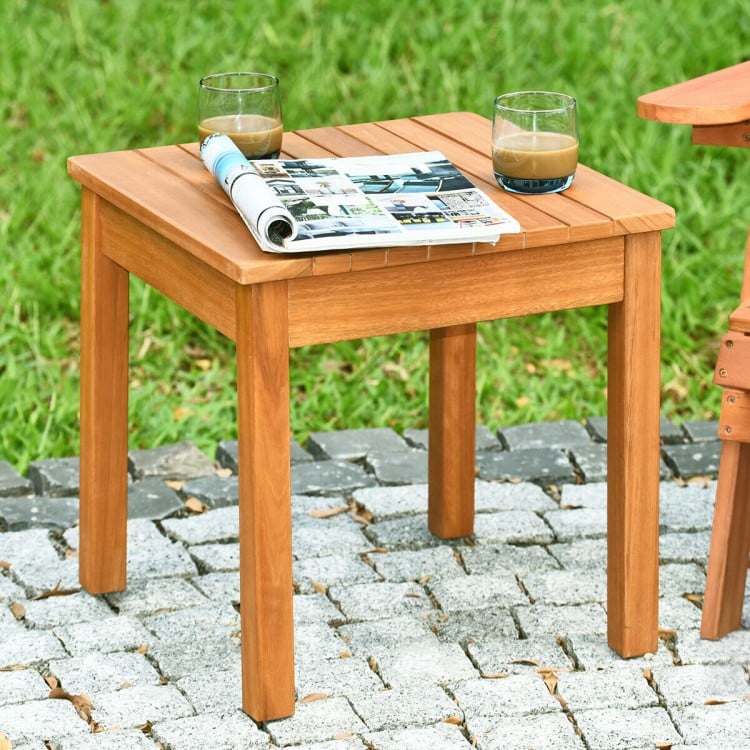 Wooden square patio coffee bistro table made of acacia wood, waterproof varnish, perfect for outdoor or indoor use.