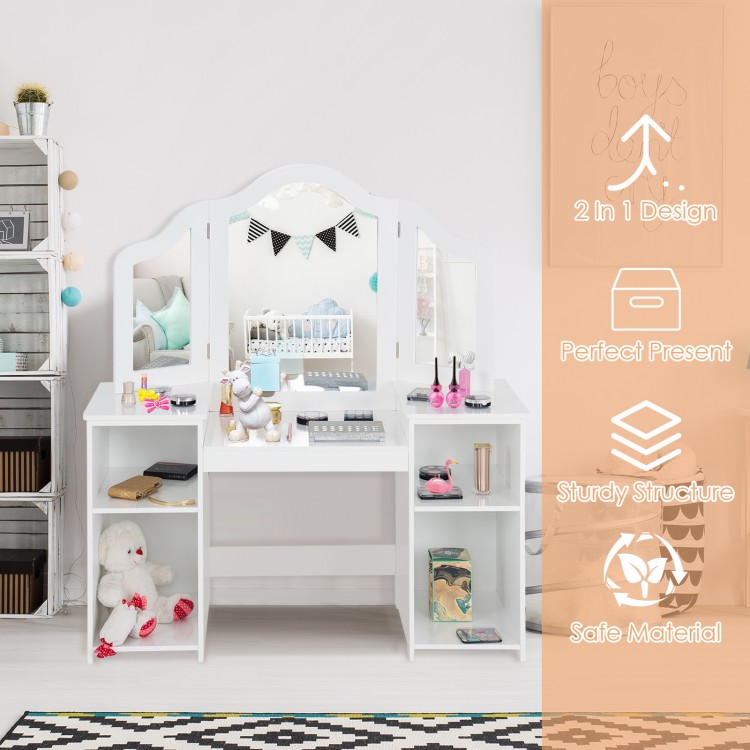 Kids tri-folding mirror makeup dressing vanity table set in white with storage compartments for a stylish and safe.