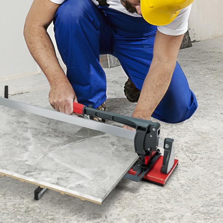 Manual tile cutter with sharp tungsten carbide blade, measuring scale, and ergonomic handle for accurate tile cutting.