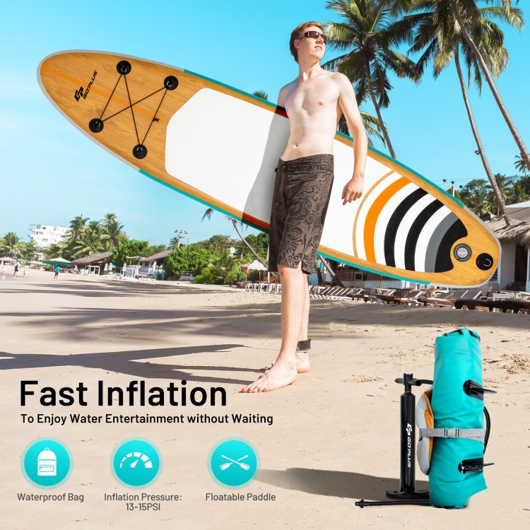 Inflatable stand-up paddle board with carry bag, designed for durability and portability, ideal for water adventures.