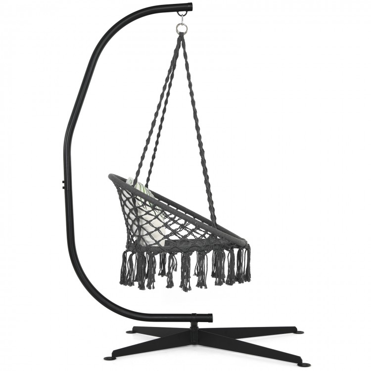 Black powder-coated solid steel hammock frame stand with X base, ideal for indoor and outdoor use.