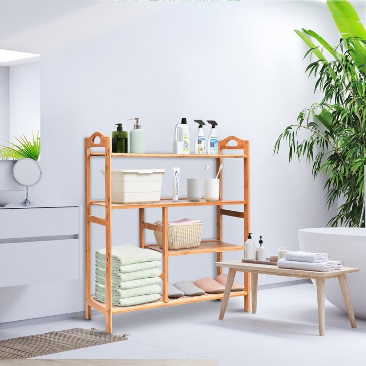 Four-tier bamboo storage shoe rack with slatted design, ideal for entryway or bathroom organization.