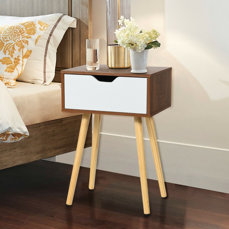 End side storage drawer nightstand with solid wooden legs, showcasing a contemporary design and compact size for small.