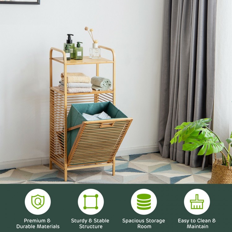 Tilt-out bamboo laundry hamper with 2-tier shelf, natural finish, and removable liner for easy storage in any room.