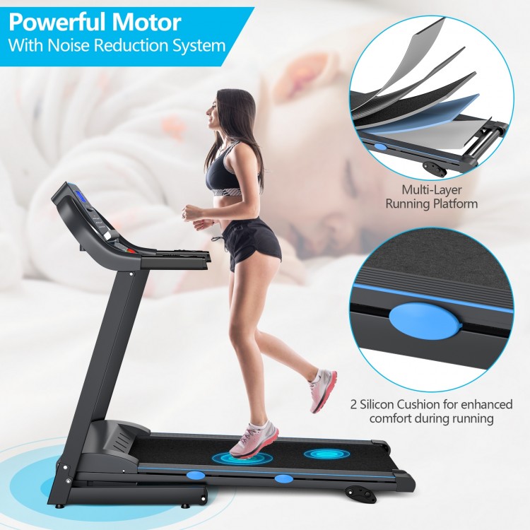 Folding electric treadmill with a 2.25 HP motor, blue backlit LCD display, and multi-layer running platform for home.