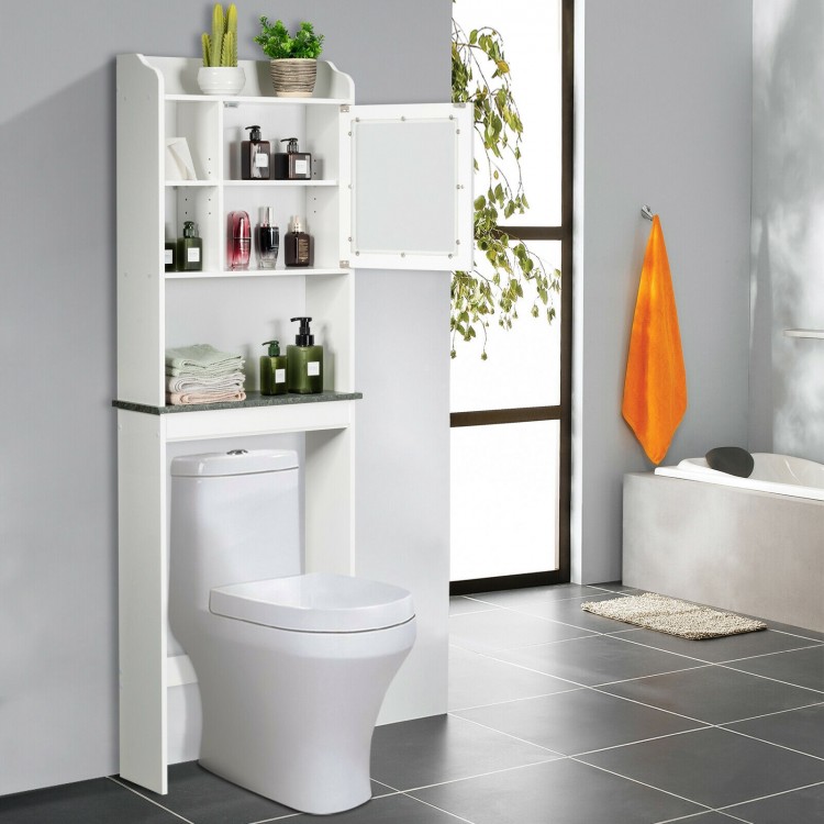 White over-the-toilet cabinet with enclosed shelf and mirror door, designed for efficient bathroom space utilization.
