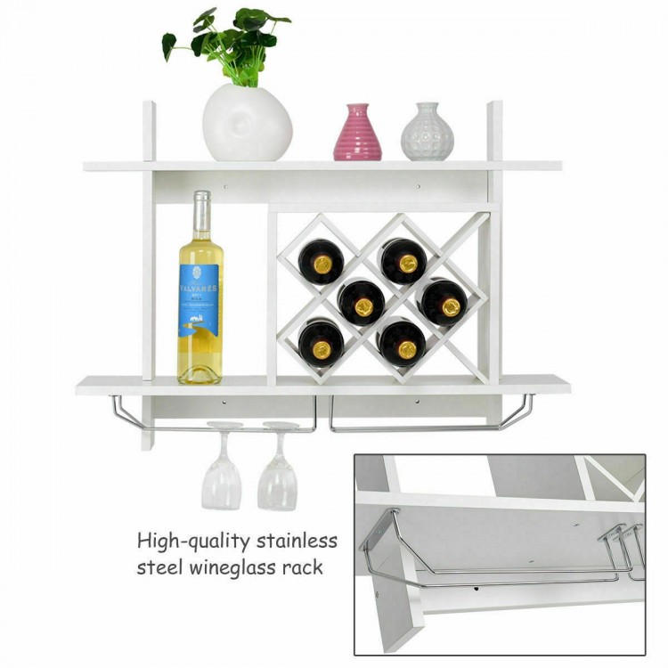 Wall mount wine rack organizer in white with stainless steel glass holder, storing six bottles and decorative items.