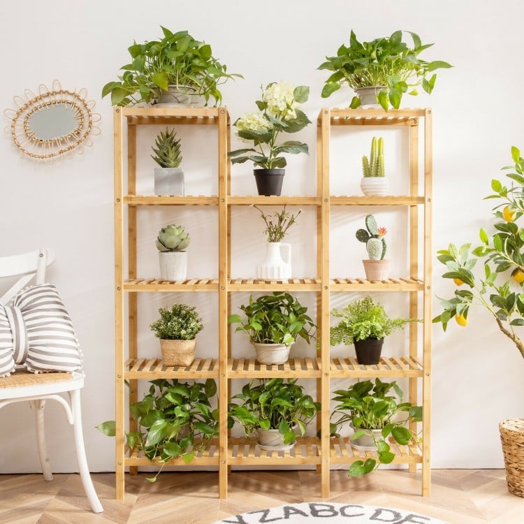 Bamboo 5-tier shelf displaying 12 potted plants, perfect for living room or balcony decoration and organization.