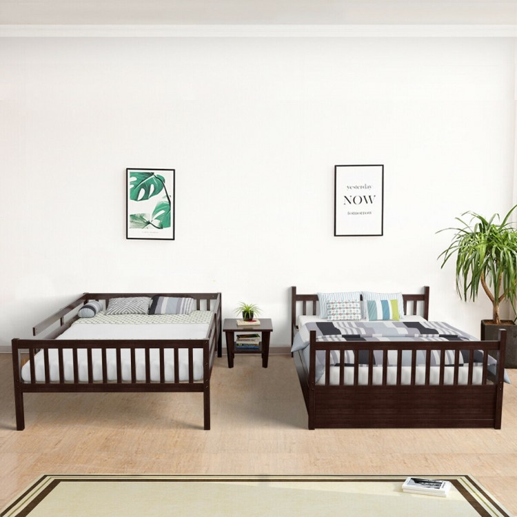 Full over full bunk bed in brown wood with trundle, featuring sturdy slats and modern design for kids' or guest rooms.