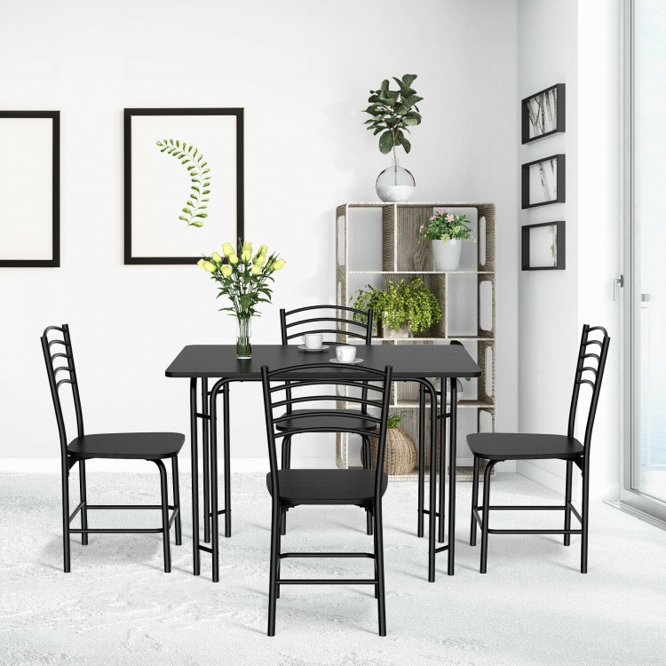 5-piece wood rectangular dining table set with sturdy iron frame, includes 1 table and 4 chairs for dining room use.