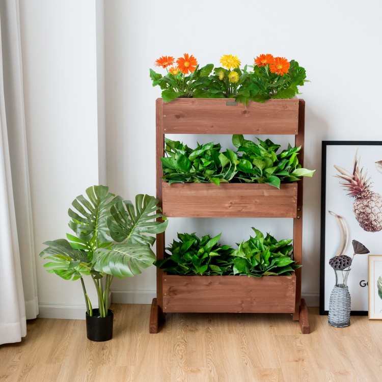 3-tier raised garden bed made of solid wood, featuring adjustable shelves and drainage holes for plant care.