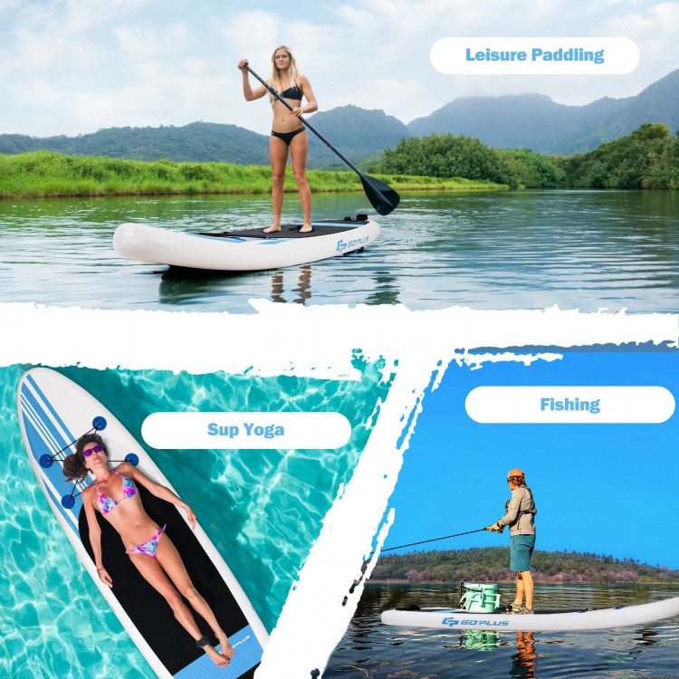 10-foot inflatable stand-up paddle board with adjustable paddle, ideal for leisure paddling, yoga, and fishing.