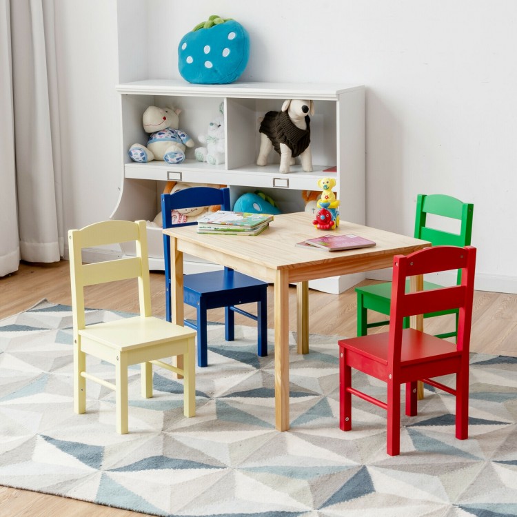 Colorful 5-piece kids table and chair set made of solid pine wood, perfect for indoor or outdoor playtime.