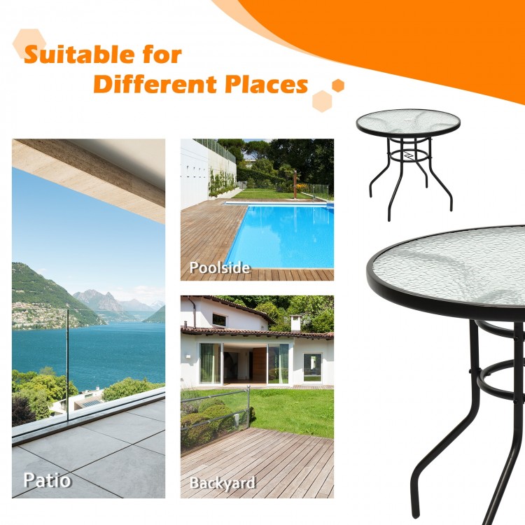 32-inch round patio table with tempered glass top and steel frame, featuring an umbrella hole, ideal for outdoor.