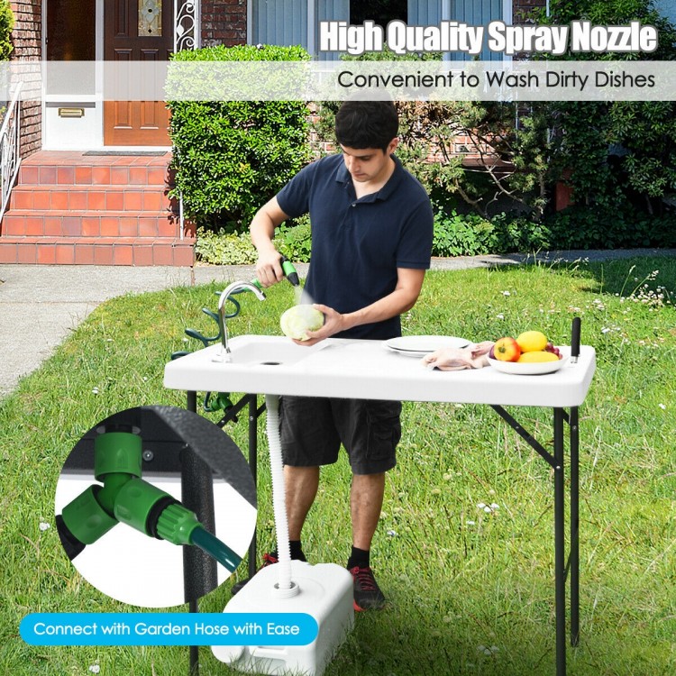 Folding cleaning sink table with sprayer, durable plastic, quick-connect faucet, ideal for outdoor cleaning tasks.