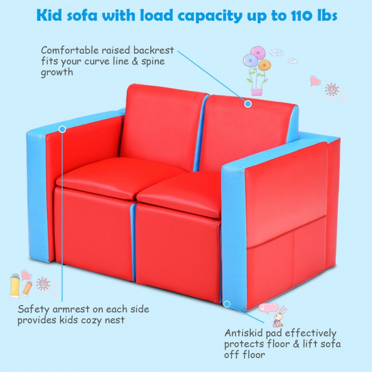 Multi-functional kids sofa set in red and blue, folds into a couch or separates into two chairs and a table for.