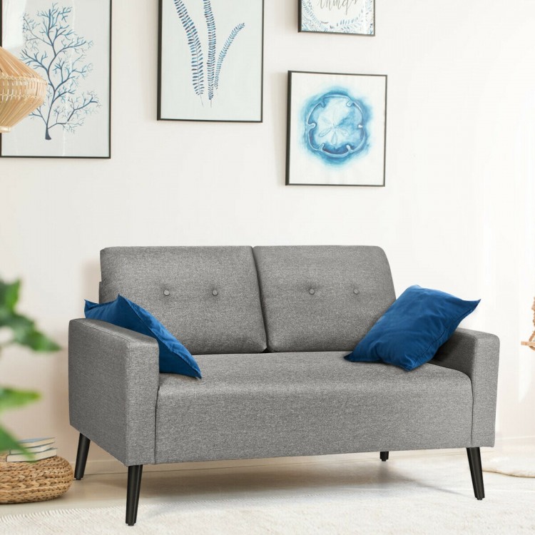 Gray 55-inch modern loveseat sofa with soft cushions, solid rubber wood legs, ideal for living room or office use.