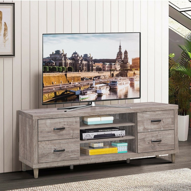 Retro wooden TV stand showcasing a wide tabletop for flat screen TVs up to 65", complemented by 4 spacious drawers.