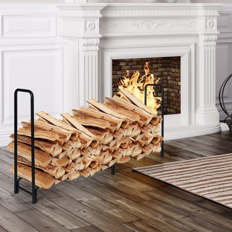 8-foot outdoor steel firewood log rack with heavy-duty frame, storing logs neatly by the fireplace for easy access.