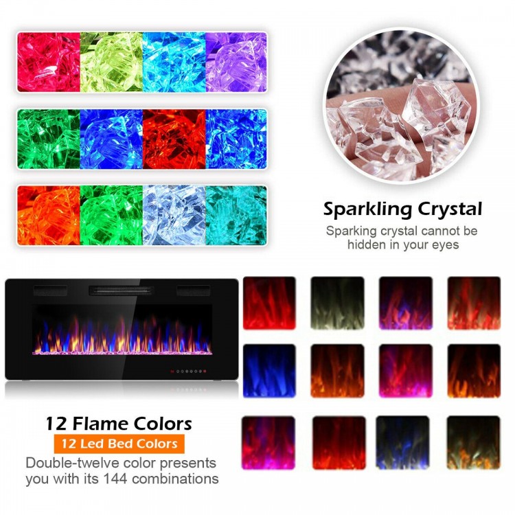 42-inch recessed electric fireplace showcasing 12 flame colors and crystal decoration for stunning ambiance and warmth.