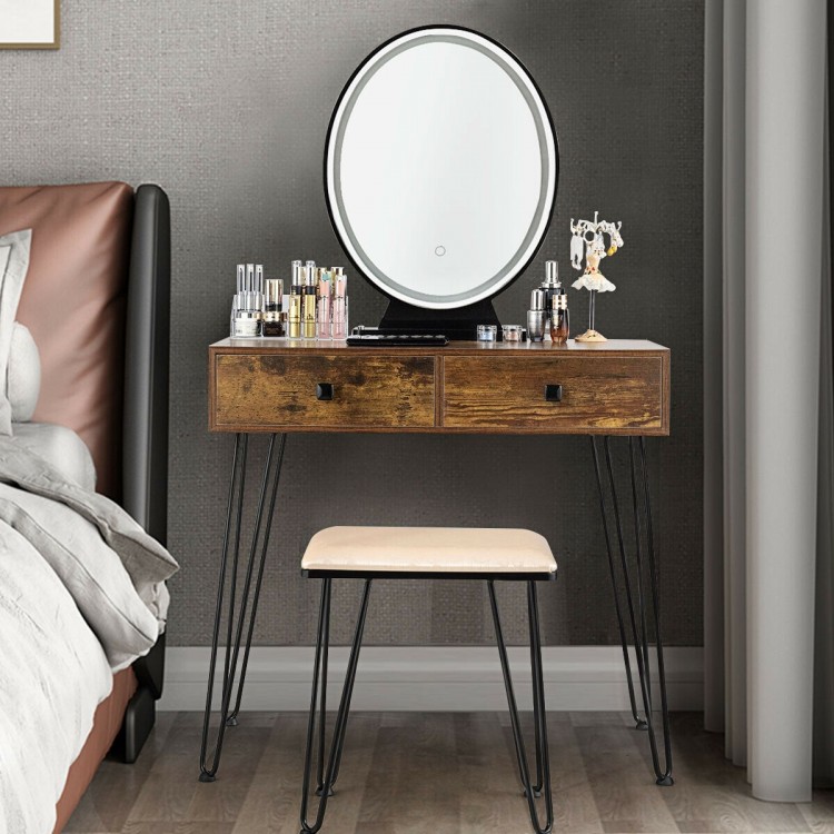 Industrial makeup dressing table in rustic brown with a touch screen mirror and matching stool for stylish bedroom.
