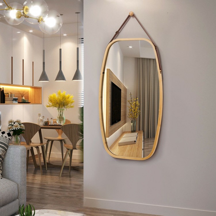 Modern 30-inch rectangle wall mirror with bamboo frame and adjustable leather strap, perfect for any room decor.