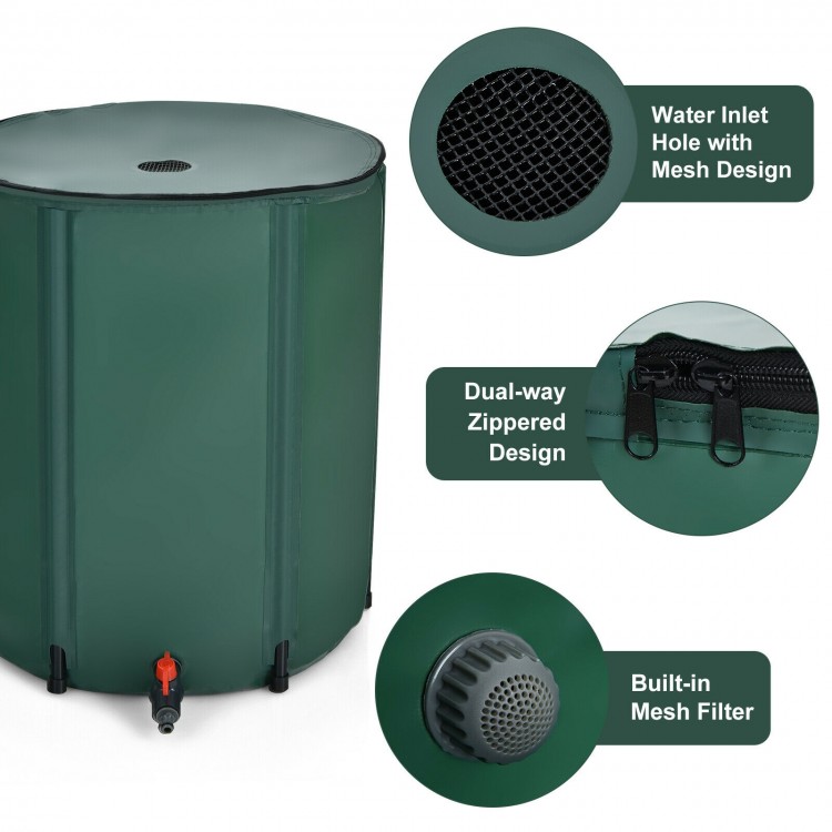 53-gallon portable collapsible rain barrel with dual-way zippered design and built-in mesh filter for easy water.
