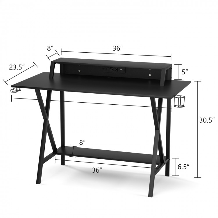 All-in-One Professional Gaming Desk with monitor stand, cup holder, and headphone holder for a sleek home office setup.