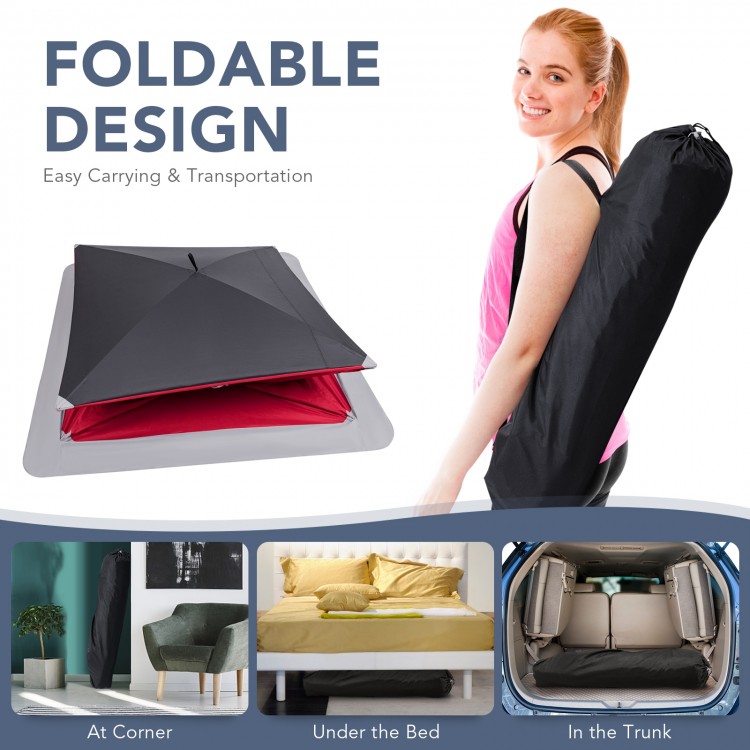 Portable 2-person ice fishing tent made of 300D oxford fabric with foldable design for easy carrying and storage.