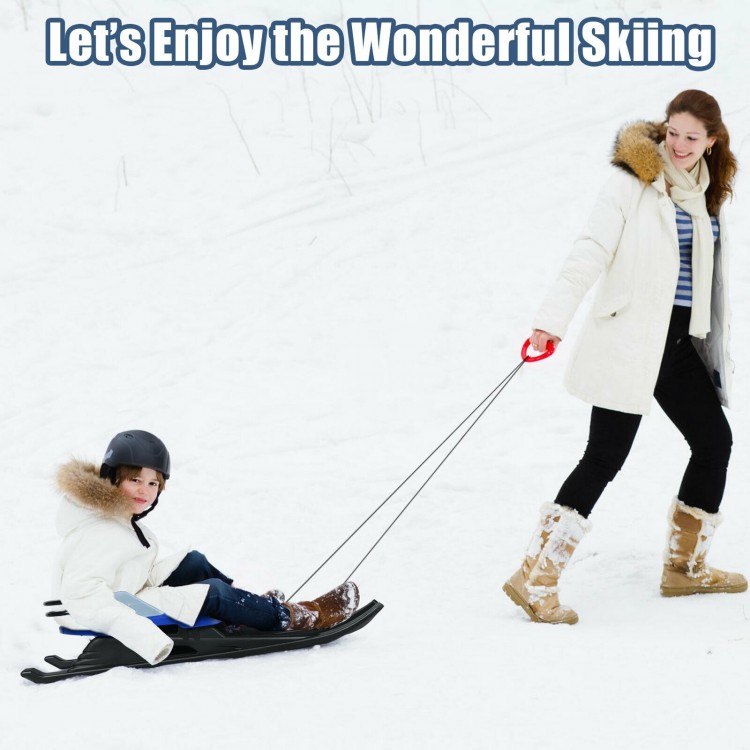 Folding kids' metal snow sled with leather seat, featuring a pull rope for easy steering and safe snow play.