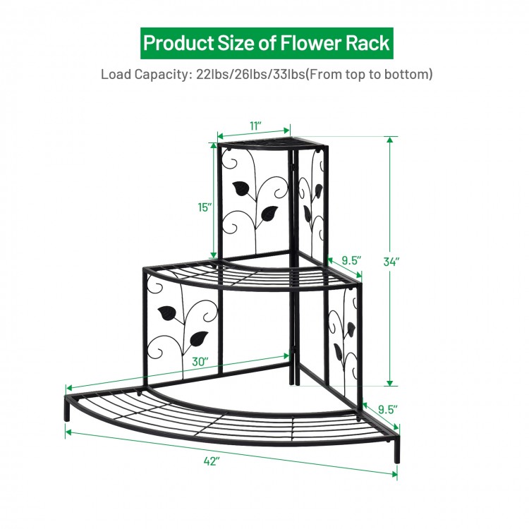 Three-tier floral corner metal plant pot rack in black, ideal for displaying plants and decorative items in any corner.