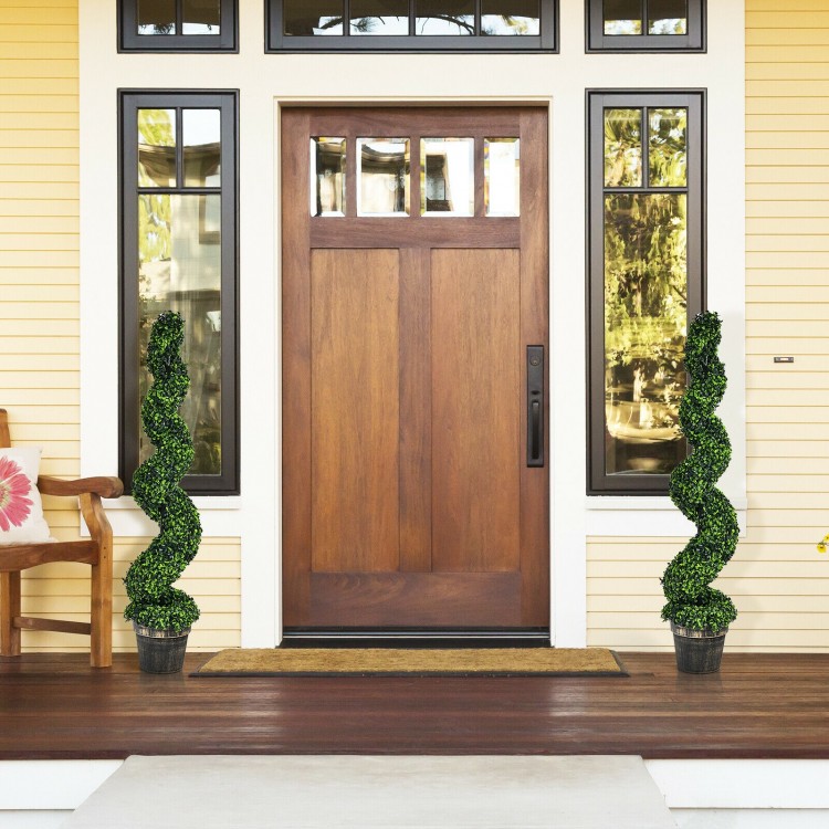 Artificial spiral boxwood topiary in golden pot, 4 feet tall, perfect for indoor or outdoor decor, UV and water.