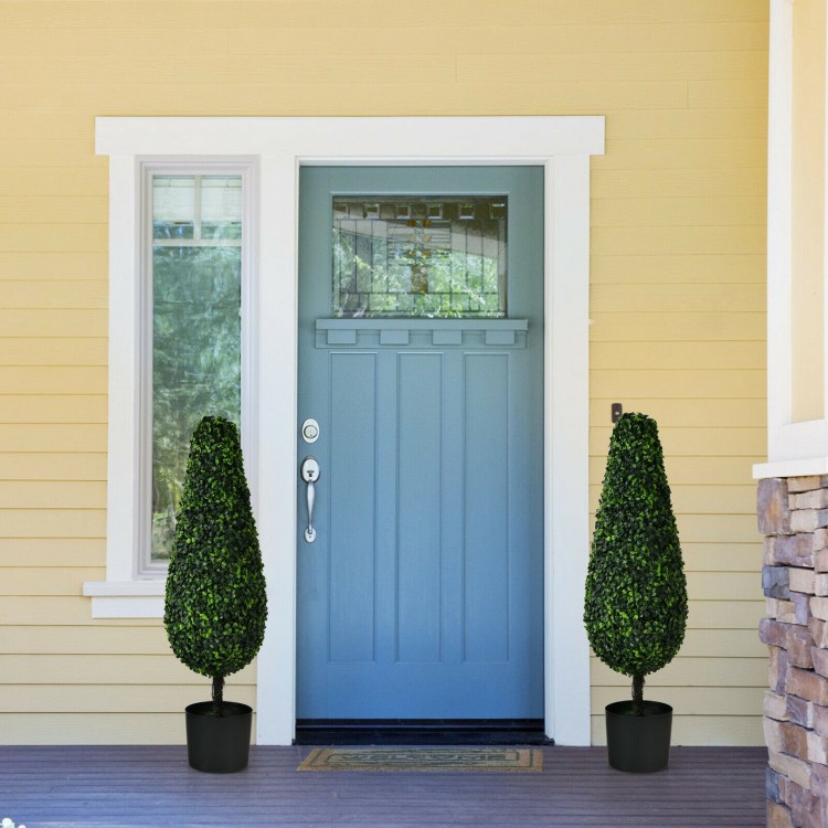 Lifelike 3 feet artificial tower topiary trees in black pots, UV resistant for indoor and outdoor decor by the entrance.