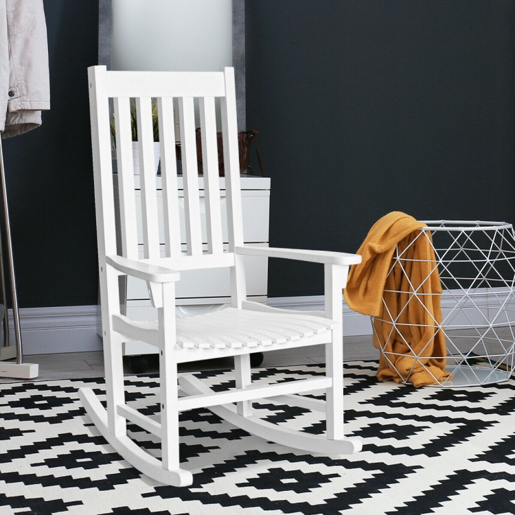 White high back rocking chair crafted from acacia wood, featuring a smooth finish and optimal stability for indoor or.