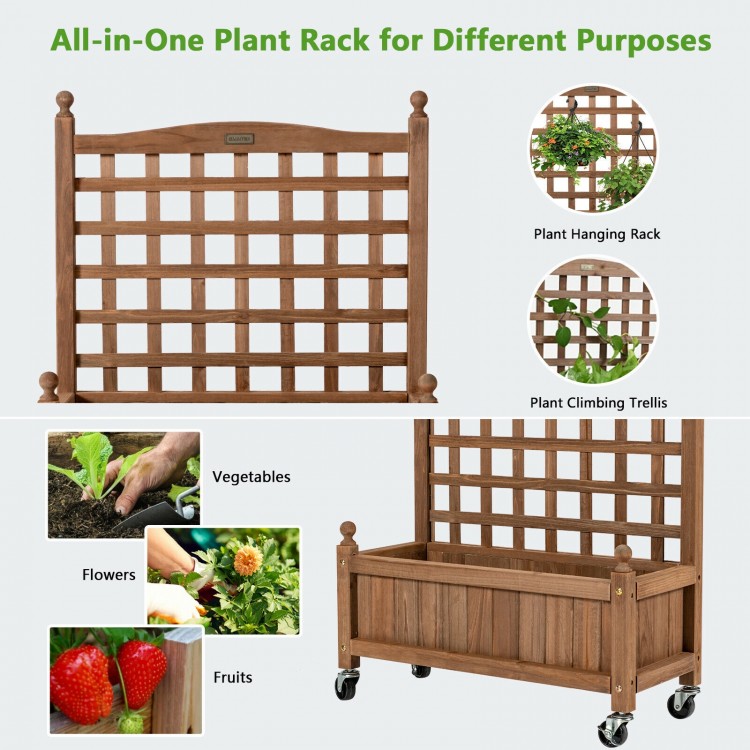 Wood planter box with trellis for climbing plants, made of fir wood, featuring drainage hole and mobile wheels for easy.