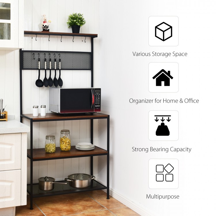 4-tier kitchen rack stand with wooden boards and mesh panel, featuring 11 hooks for versatile storage in any room.