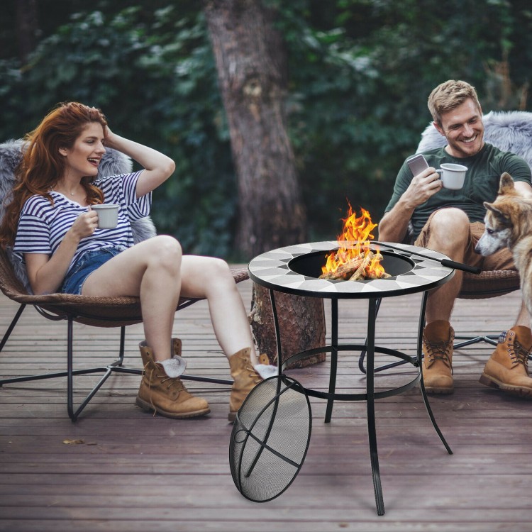 Round 23.5-inch fire pit table with mesh cover and fire poker, perfect for outdoor gatherings on the patio or backyard.