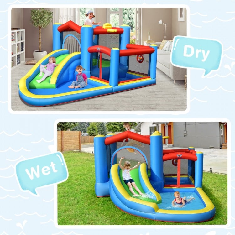 Inflatable kids water slide bounce castle in dry and wet modes, featuring vibrant colors and safety mesh walls for fun.