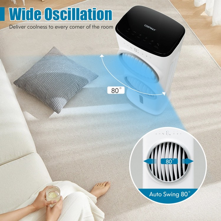 Portable 3-in-1 evaporative air cooler with 80° wide oscillation, remote control, and 2.4-gallon water tank for.